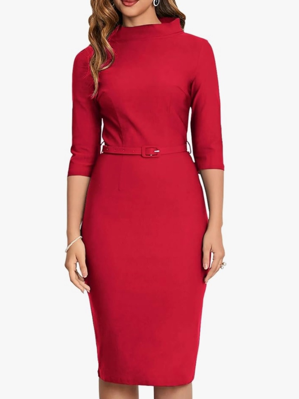 Red 3/4 Sleeve Bodycon Cocktail Pencil Dress